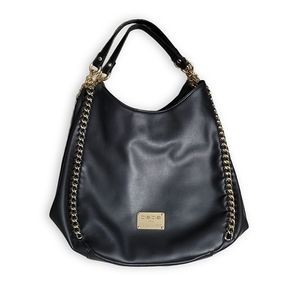 Bebe Colette Triple Entry Black Hobo Bag/Satchel Gold Chainlink Hobo Bag